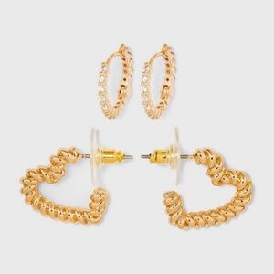 NWT SUGARFIX by Baublebar gold tone textured heart hoop and rhinestone hoops set